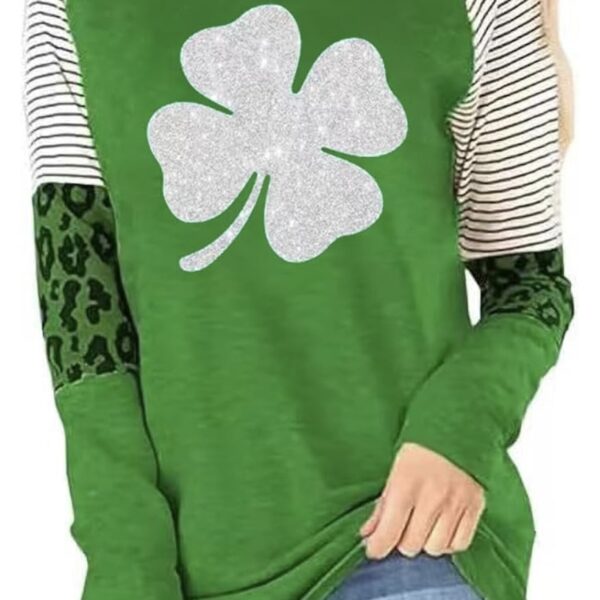 Women's St Patrick's Day T-Shirt Long Sleeve Glitter Lucky Irish Shamrock L