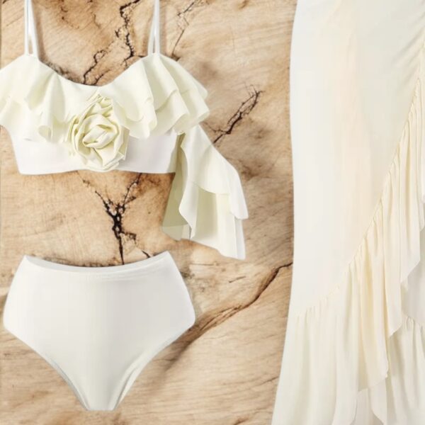AD Retro Swimsuit Three-Piece Bikini, Skirt Beige L