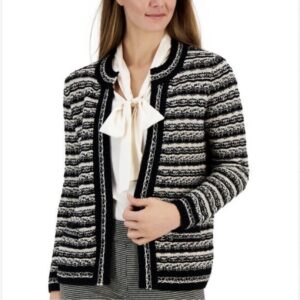 Anne Klein Women's Mix-Stitch Open-Front Short Cardigan Bk/White M 8 IMG 7572
