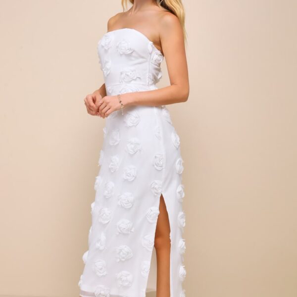 Lulus Posh Appearance White 3D Floral Applique Strapless Midi Dress L
